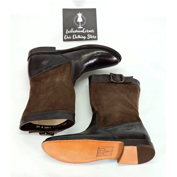 NWOB FRYE Women's Brown Leather/Canvas Shaft Buckle Ankle Boots Size 5.5 1888 - Picture 9 of 14